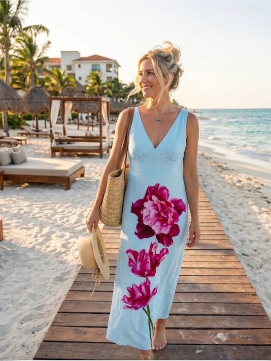 Paper Heart Dresses & Skirts - PAPER HEART Anthropologie V-Neck Light Blue Maxi Dress with Pink Floral Print